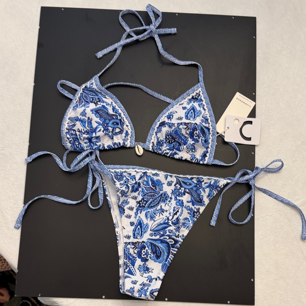 Commense Blue and White Paisley Triangle Bikini Set